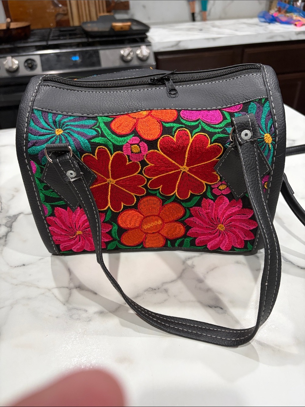 Embroidered Floral Tote Bag in Black with Multicolor Flowers